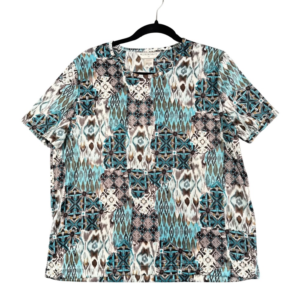 Allison Daley Womens Geometric Patchwork Top Y2K Artsy‎ Short Sleeve 1X